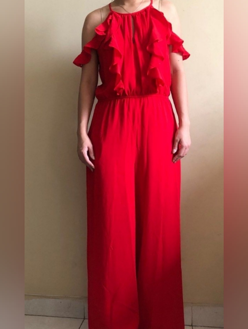 Lane Bryant Coral Wide-Leg Ruffle Front Accent Cold Shoulder Jumpsuit Size 22 - Picture 2 of 11